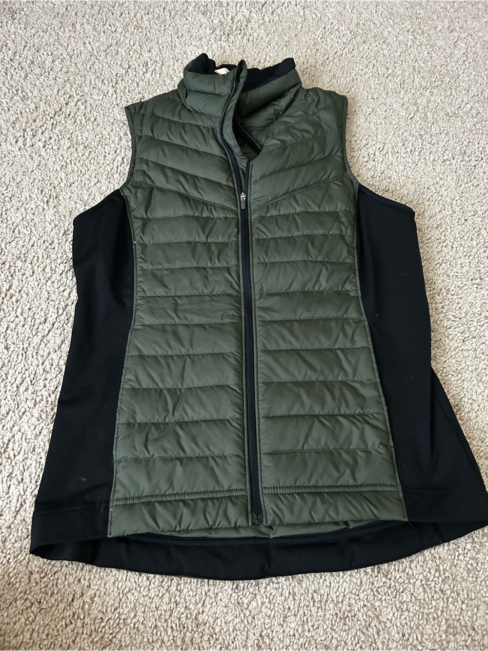 Lucy Women’s Olive Quilted Puffer Vest with Black Side Panels